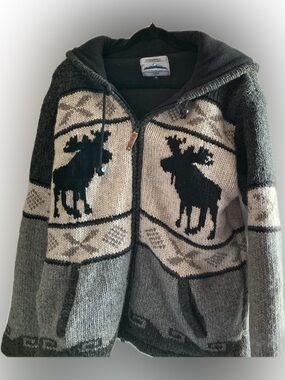 Unbranded Men’s Hooded Wool Sweater Jacket in Gray with Moose Motif